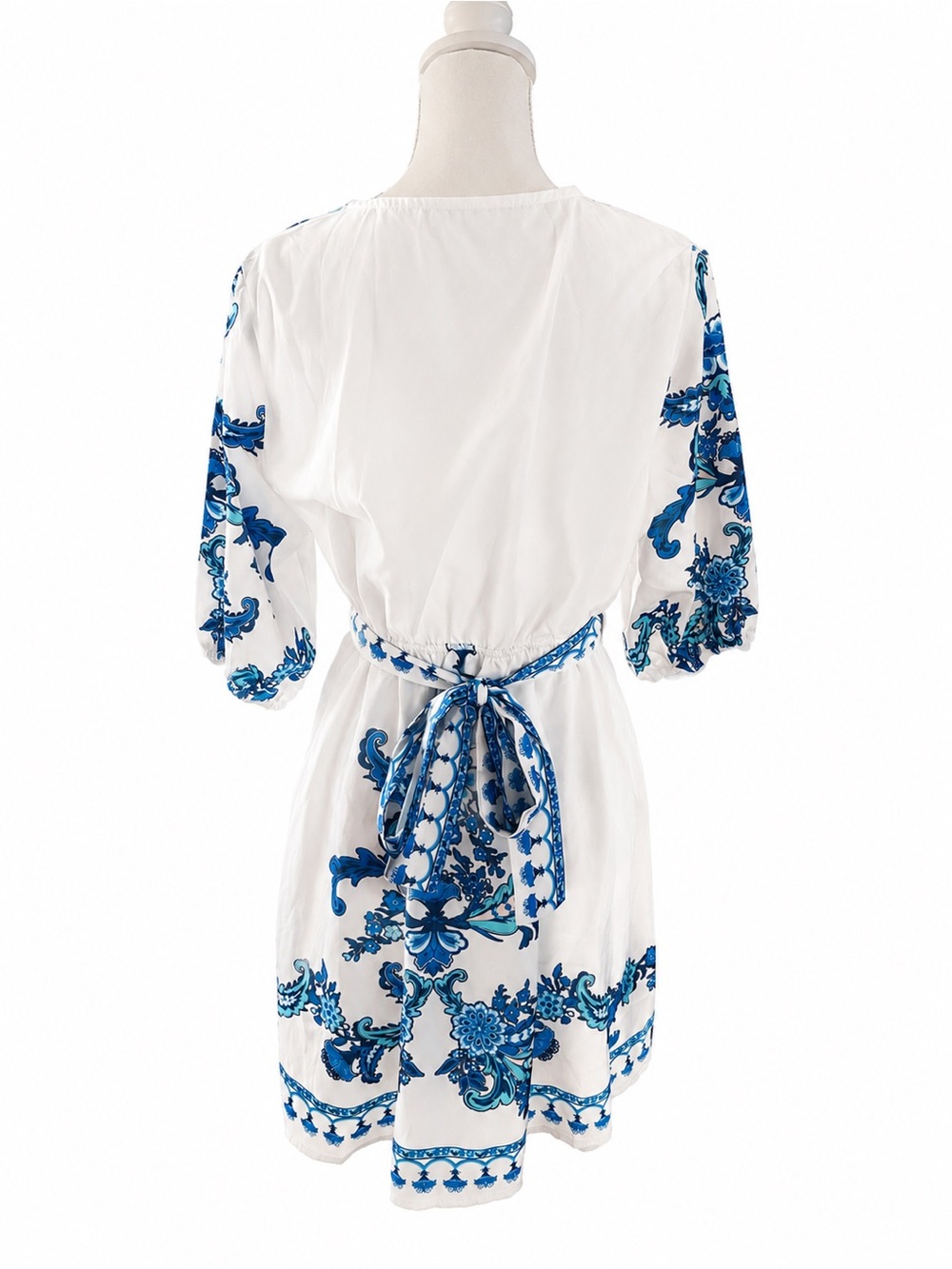 Blue & White Printed V-Neck Swim Coverup Dress - Picture 2 of 8